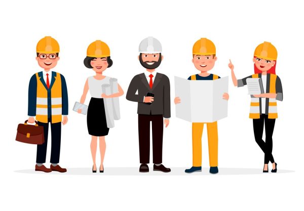 Engineers cartoon characters isolated on white background. Group of Technicians, builders, mechanics and work people vector flat illustration